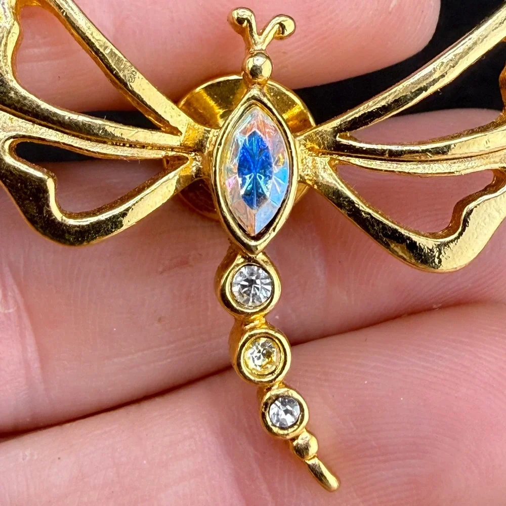 Vintage Avon Dragonfly Pin Gold Tone AB Crystal Rhinestone Small